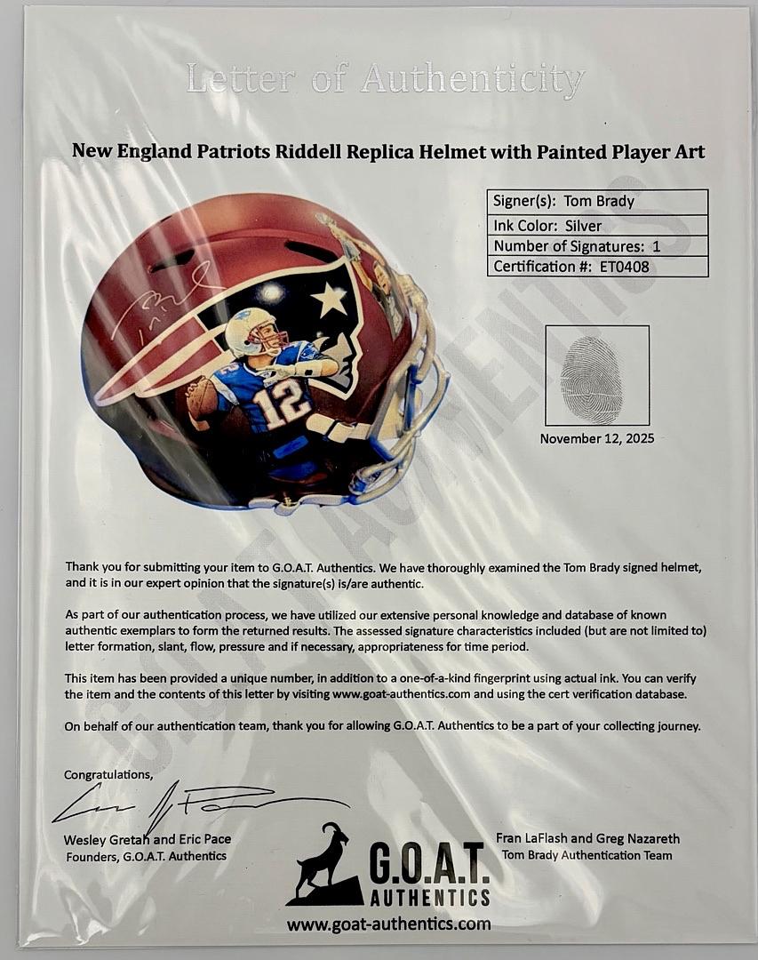 Tom Brady Autographed Custom painted 1/1 Replica Speed Helmet Tristar and GOAT COA