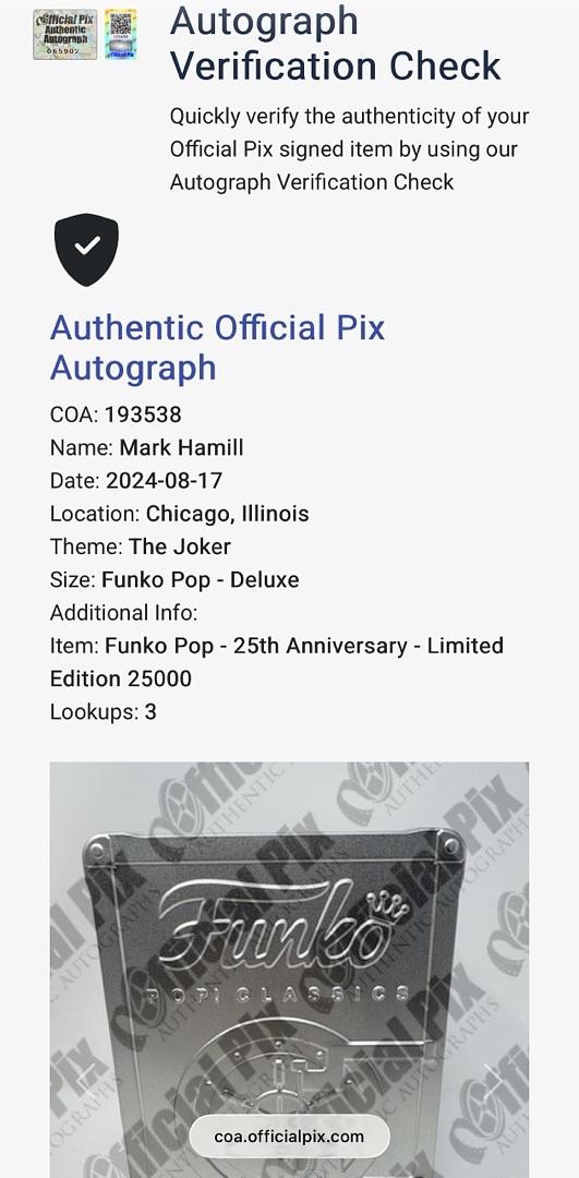 Mark Hamill Signed Funko #06C Joker - 25th Anniversary Limited Edition - Official Pix COA *RARE*