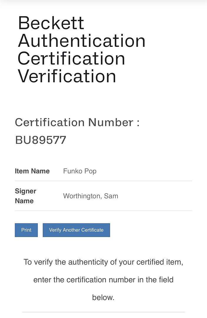 Sam Worthington signed Avatar Funko - Beckett COA