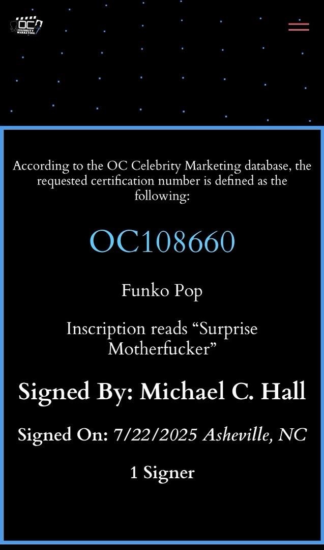Michael C. Hall signed Funko #1697 w/quote - OC Celebrity Marketing