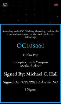 Michael C. Hall signed Funko #1697 w/quote - OC Celebrity Marketing