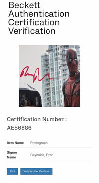 Ryan Reynolds Deadpool Signed 11x14 Photo  - Beckett COA