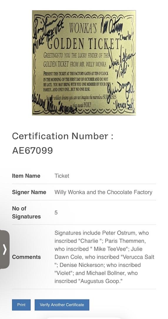 Willy Wonka cast signed Golden Ticket (5) autographs with name and character Beckett COA and Full Letter of Authenticity