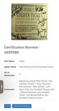 Willy Wonka cast signed Golden Ticket (5) autographs with name and character Beckett COA and Full Letter of Authenticity