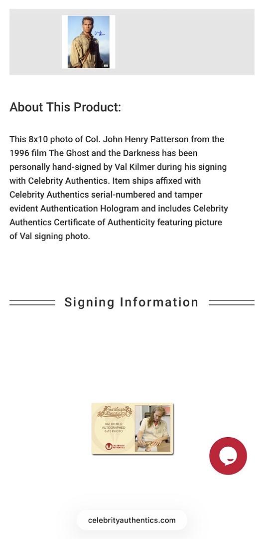 Val Kilmer Signed 8x10 Photo (Ghost in the Darkness) - Celebrity Authentics COA