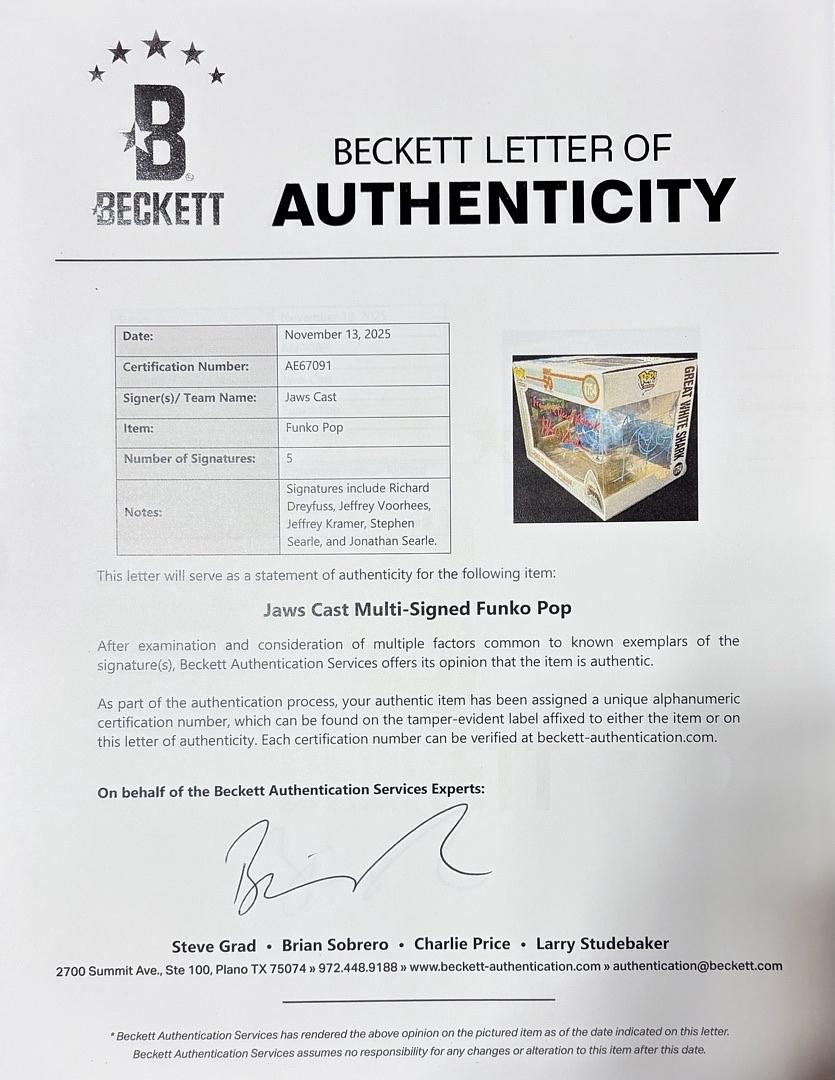 Richard Dreyfuss, Jeffrey Kramer, Jeffrey Vorhees, Stephen and Jonathan Searle, Signed Funko Pop #1754 (Jaws) - Beckett COA #03