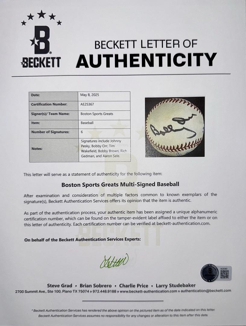 Multi-signed baseball - Bobby Orr, Johnny Pesky, Tim Wakefield, Bobby Brown, Rich Gedman and Aaron Sele - Beckett COA w/full letter of authenticity