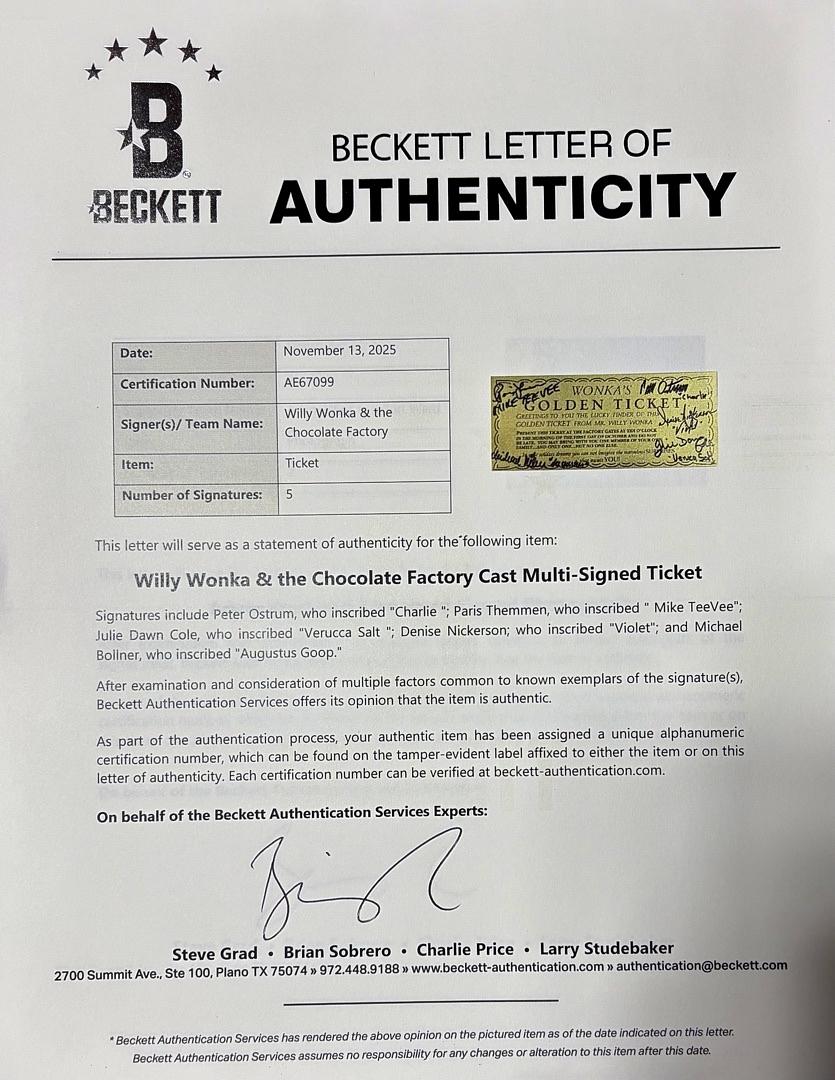 Willy Wonka cast signed Golden Ticket (5) autographs with name and character Beckett COA and Full Letter of Authenticity