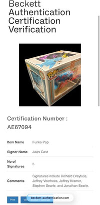 Richard Dreyfuss, Jeffrey Kramer, Jeffrey Vorhees, Stephen and Jonathan Searle, Signed Funko Pop #1754 (Jaws) - Beckett COA #04