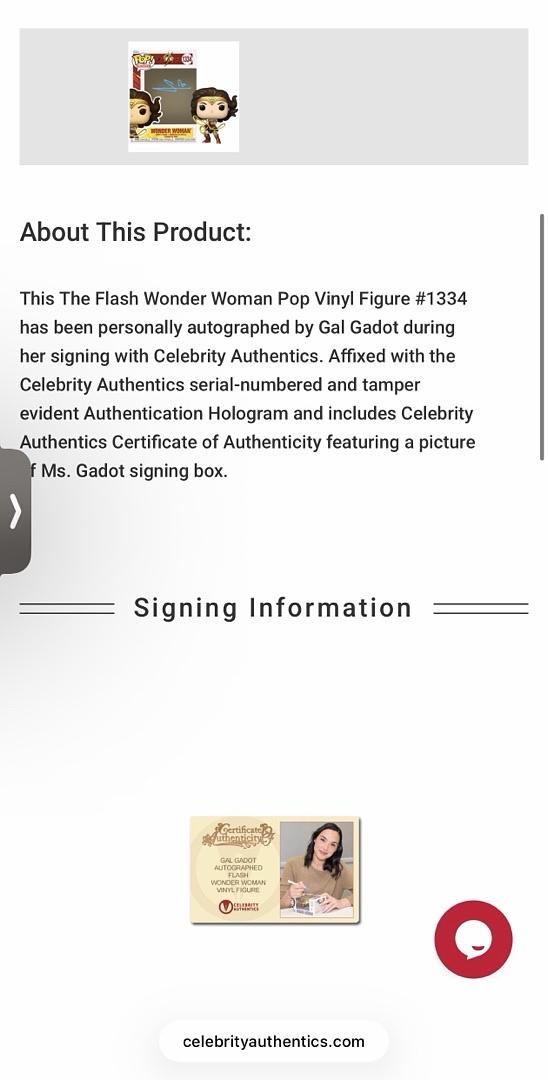 Gal Gadot Signed Funko Pop #1334 Wonder Woman (The Flash) - Celebrity Authentics COA