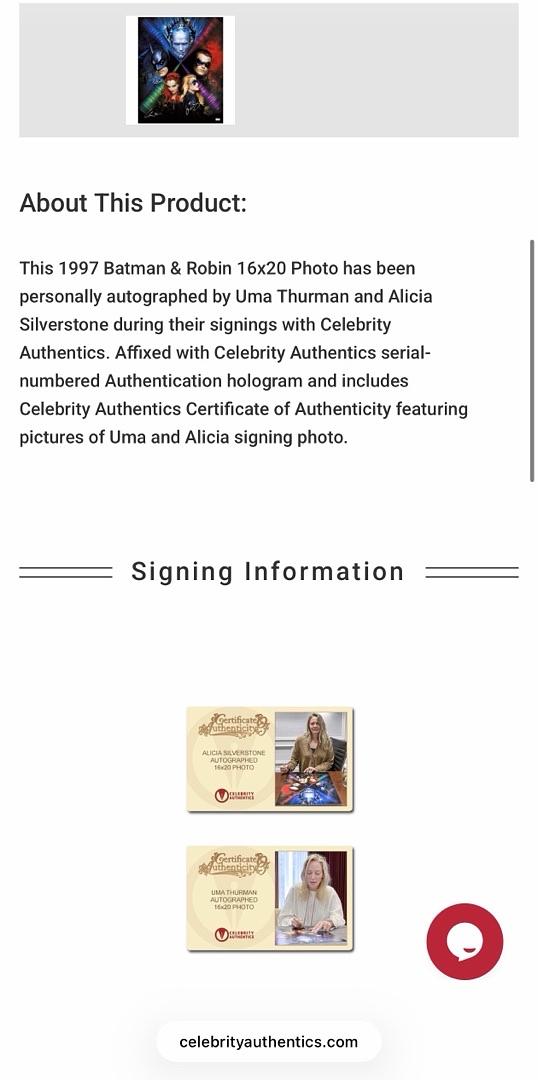 Uma Thurman and Alicia Silverstone signed 16x20 (Batman) - Celebrity Authentics COA