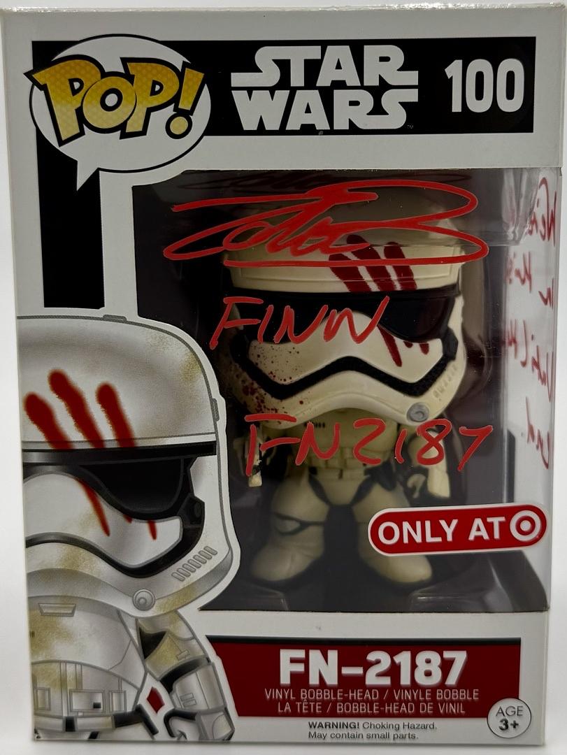 John Boyega signed "FN-2187" Funko Pop #100 w/character name and long quote - Official Pix COA