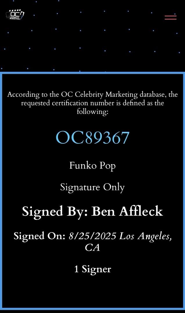 Ben Affleck signed "Batman" Signature Series Funko #88- Beckett/OC Celebrity Marketing COA