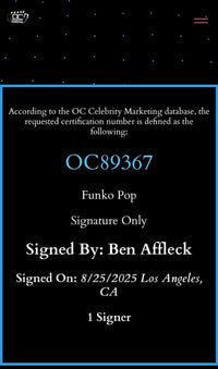 Ben Affleck signed "Batman" Signature Series Funko #88- Beckett/OC Celebrity Marketing COA