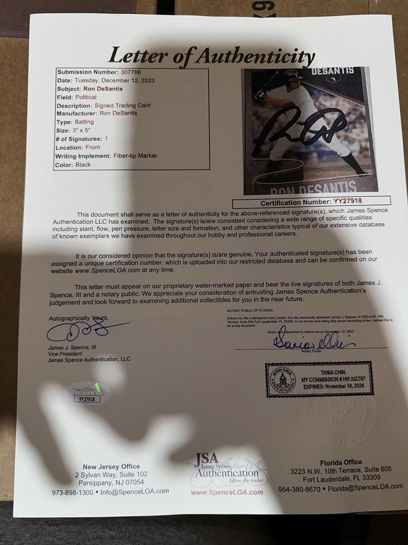 Ron DeSantis signed limited edition baseball card - JSA COA w/full letter of authenticity