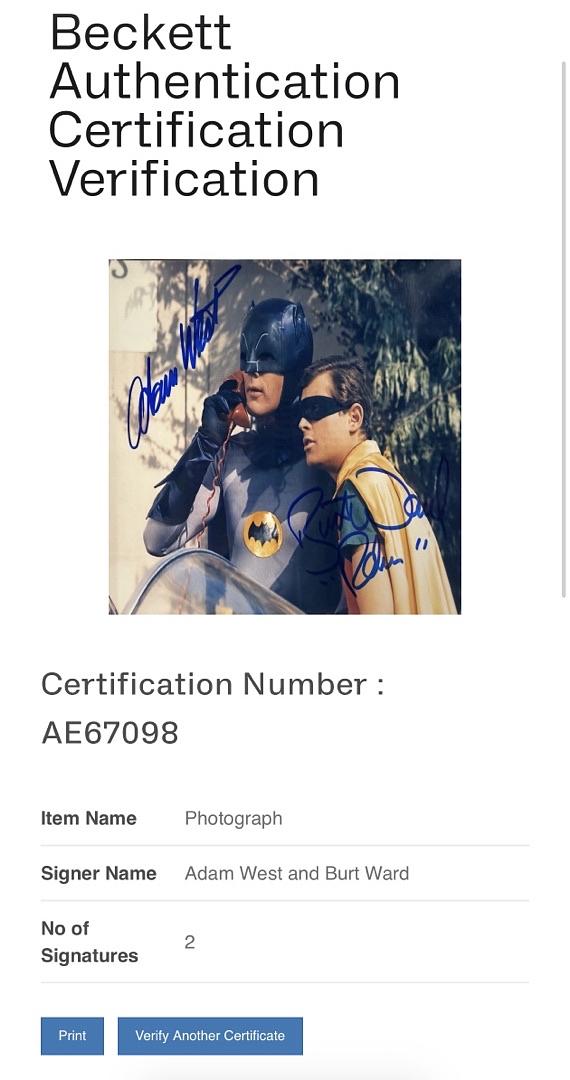 Adam West and Burt Ward signed 8x10 (Batman) - Beckett COA