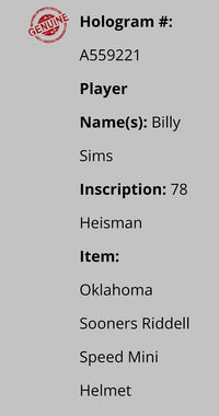 Billy Sims (Oklahoma) signed Heisman mini-helmet - Schwartz COA