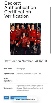 William Shatner, Walter Koenig, George Takei, Nichelle Nichols and James Doohan Signed 11x14 Photo (Star Trek) *RARE* - Beckett COA
