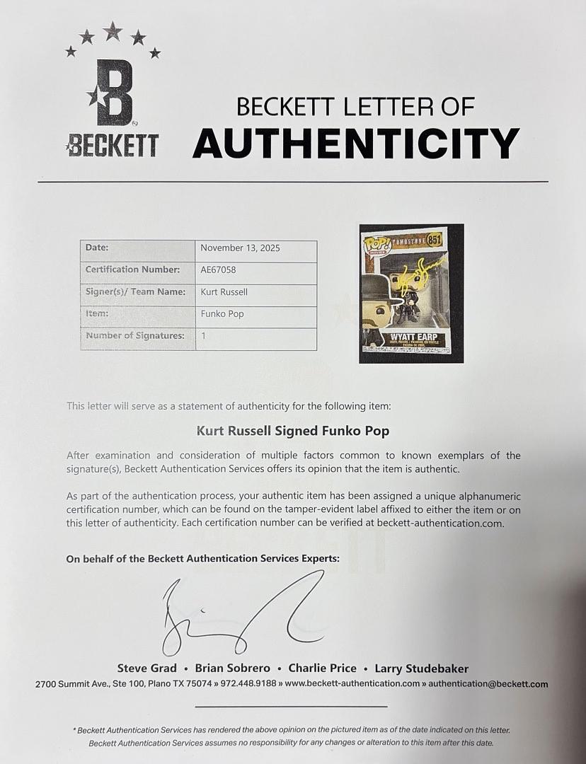 Kurt Russell Signed Funko Pop #851 Wyatt Earp Tombstone (Yellow Ink) - Beckett COA and full LOA