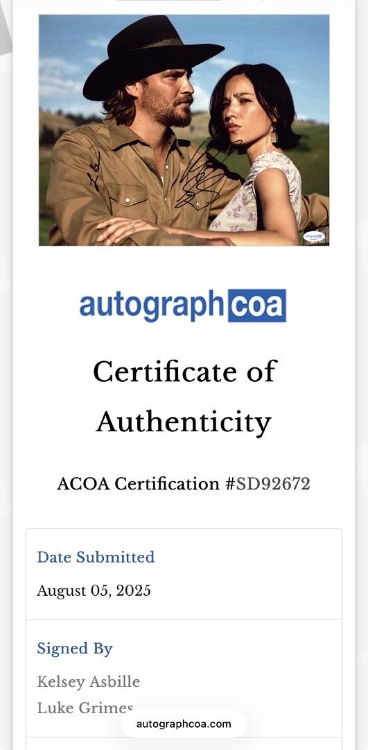 Luke Grimes and Kelsey Asbille signed 11x14 (Yellowstone) - ACOA COA