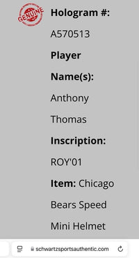 Anthony Thomas (Bears) signed mini-helmet w/ROY inscription - Schwartz COA