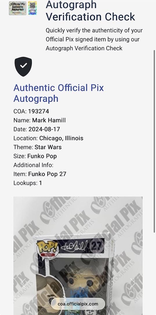 Mark Hamill Signed "Exclusive" Funko Pop #27 (Star Wars) -  Official Pix COA