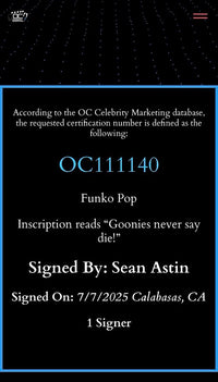 Sean Astin signed "Mikey" Funko #1067 (The Goonies) w/quote- OC Celebrity Marketing COA