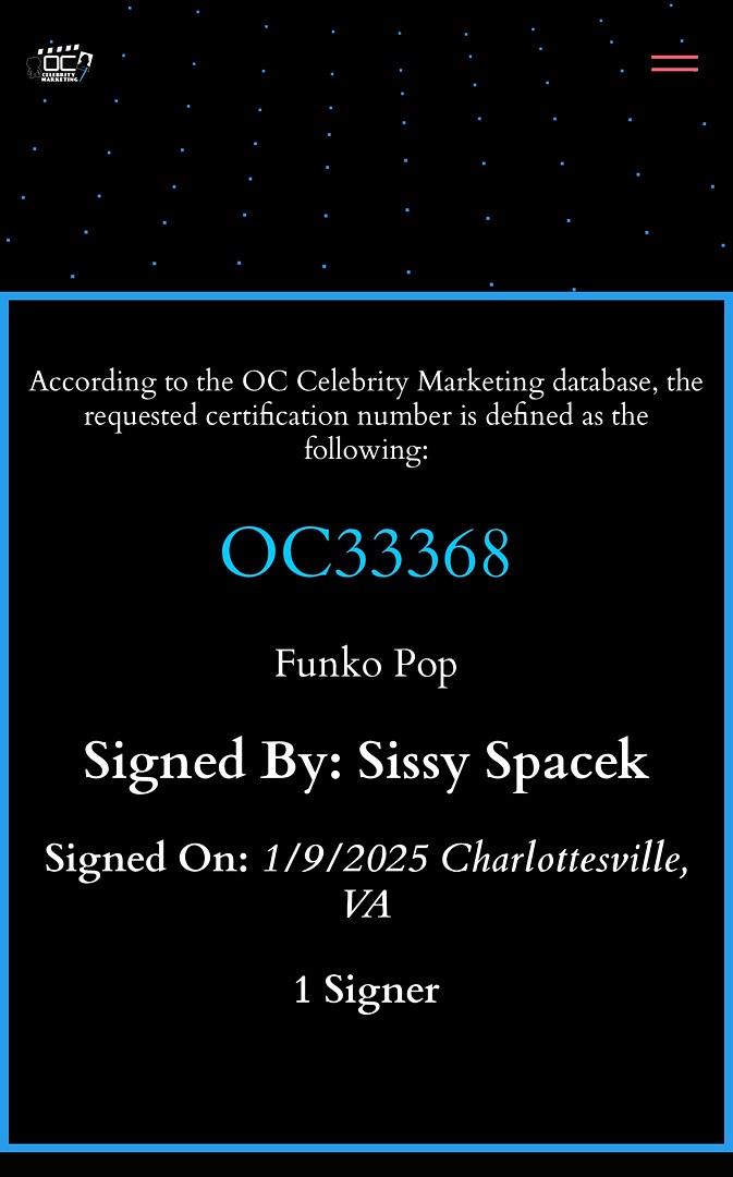 Sissy Spacek Signed Funko Pop #1247 (Carrie) - OC Celebrity Marketing #01