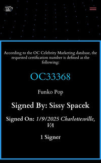 Sissy Spacek Signed Funko Pop #1247 (Carrie) - OC Celebrity Marketing #01
