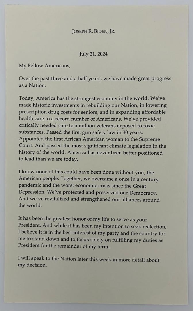 Joe Biden signed "withdrawal" letter - PSA/DNA LOA ***RARE***