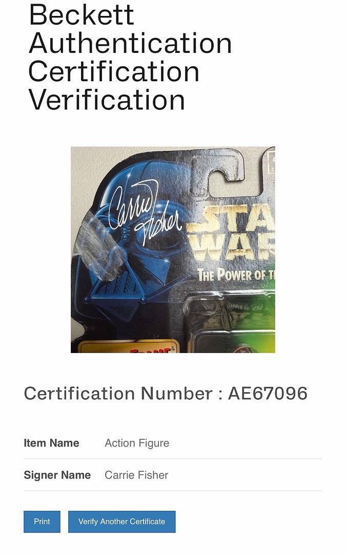 Carrie Fisher Signed 3.75" Action Figure Power Of The Force (Star Wars) - Beckett COA and full Letter of Authenticity