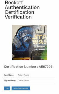 Carrie Fisher Signed 3.75" Action Figure Power Of The Force (Star Wars) - Beckett COA and full Letter of Authenticity
