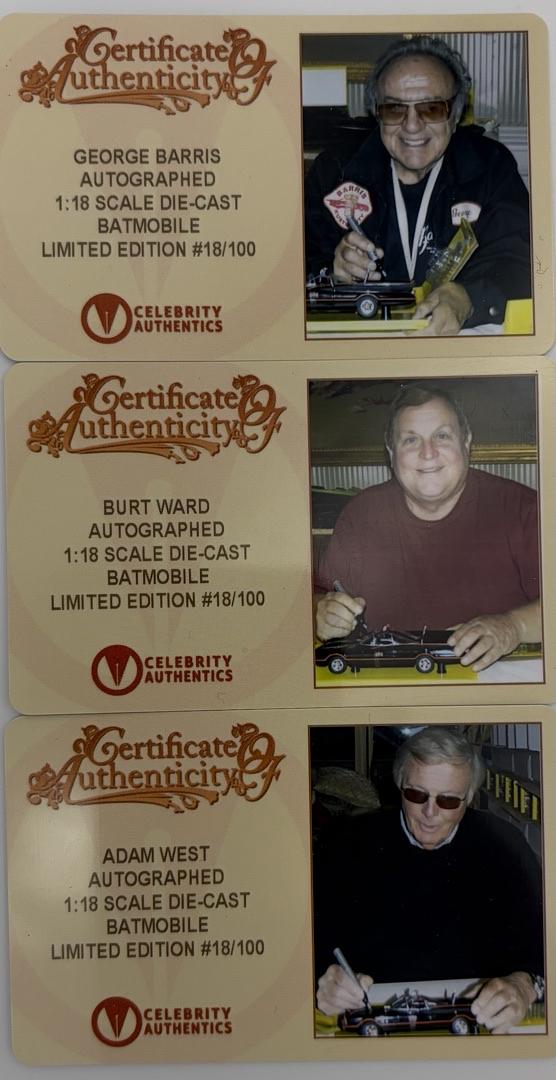 Adam West, Burt Ward and George Barris signed Batmobile #18/100 (Batman) - Celebrity Authentics COA