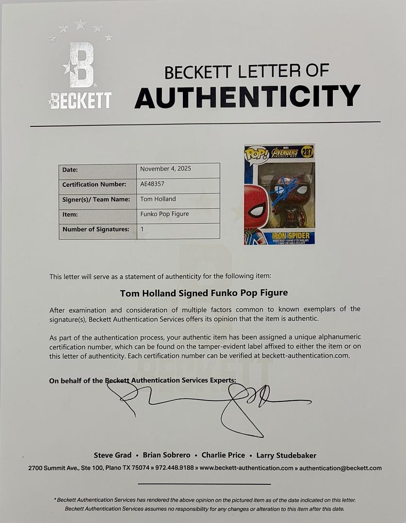 Tom Holland signed "Iron Spider" Funko #287 (Avengers) - Beckett COA