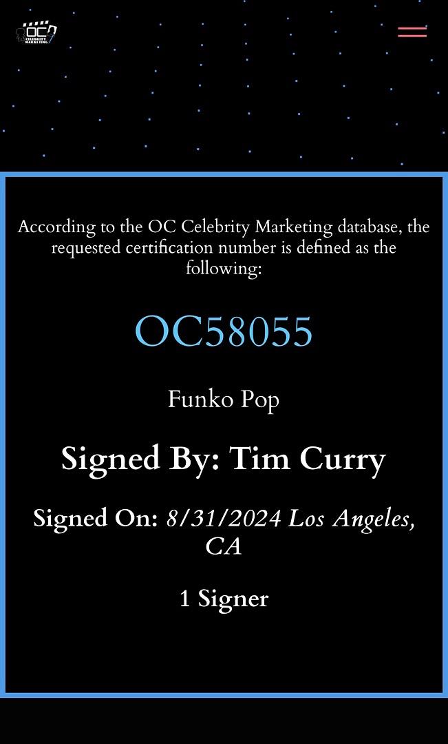 Tim Curry Signed Funko Pop Limited Edition (9/50) #55 "Pennywise" (IT) - OC Celebrity Marketing COA