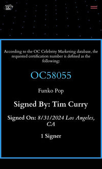 Tim Curry Signed Funko Pop Limited Edition (9/50) #55 "Pennywise" (IT) - OC Celebrity Marketing COA