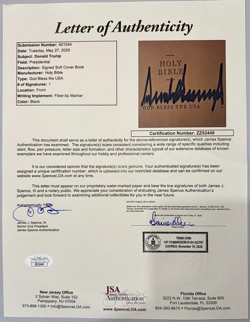 Donald Trump Signed Bible 45th/47th President Signature Edition JSA COA and full letter of authenticity