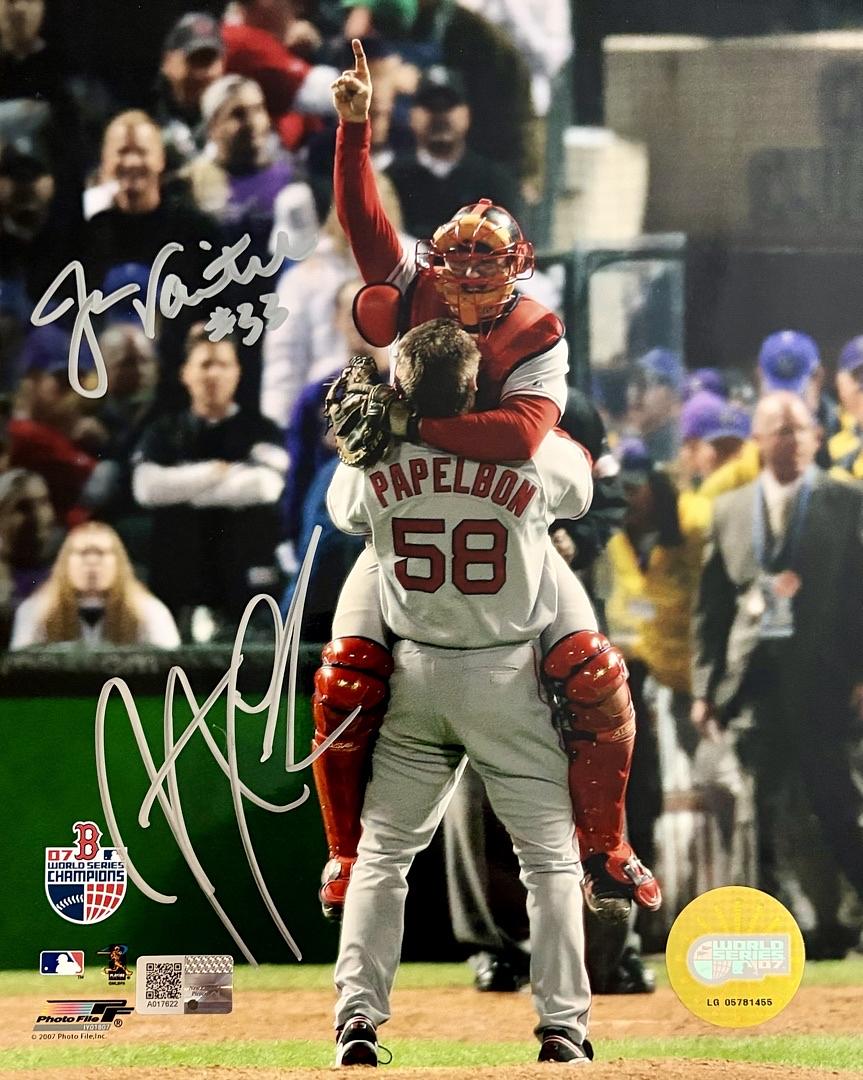Jason Varitek & Jonathan Papelbon signed 2007 Red Sox World Series 8x10 - New England Pictures COA