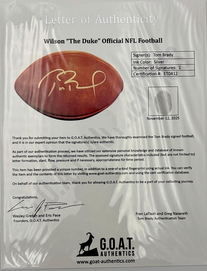 Tom Brady Autographed NFL Duke Official Football TriStar & GOAT COA