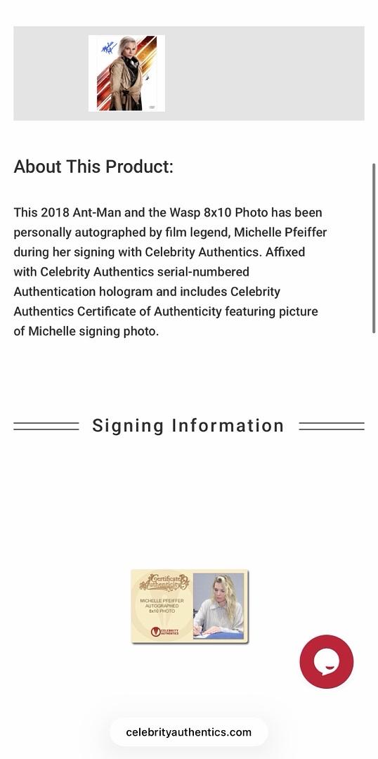 Michelle Pfeiffer signed "Ant Man & the Wasp" 8x10 - Celebrity Authentics COA