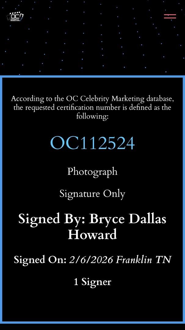 Bryce Dallas Howard signed 11x14 - OC Celebrity Marketing