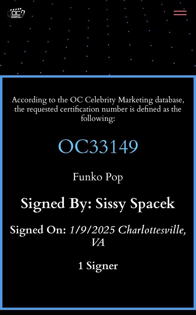 Sissy Spacek Signed Limited Edition Funko Pop #1436 "Carrie" - OC Celebrity Marketing