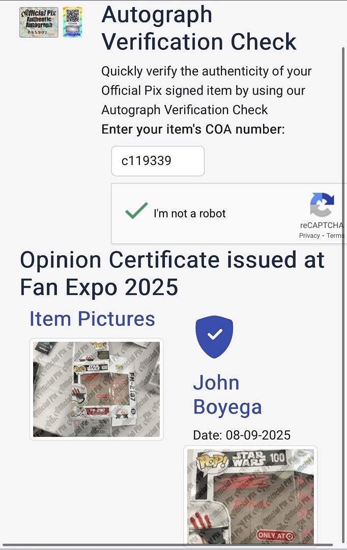 John Boyega signed "FN-2187" Funko Pop #100 w/character name and long quote - Official Pix COA