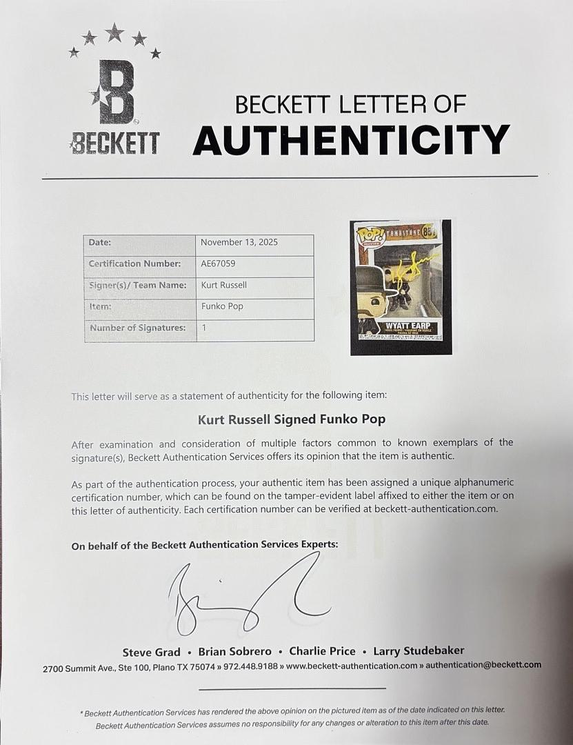 Kurt Russell Signed Funko Pop #851 Wyatt Earp Tombstone (Yellow Ink) - Beckett COA and full LOA