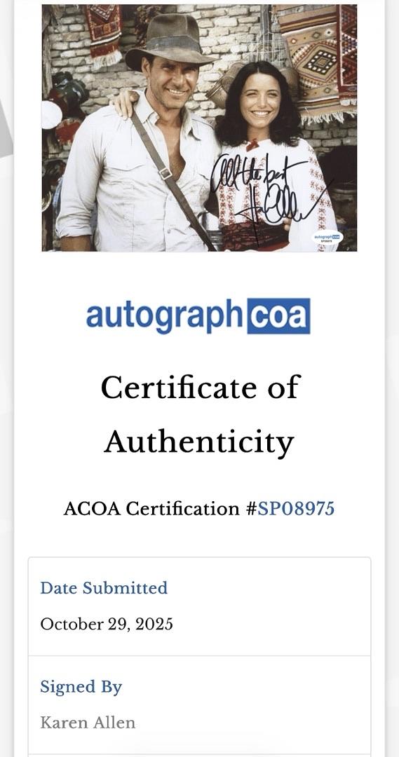 Karen Allen signed 8x10 (Raiders of the Lost Ark) - ACOA COA