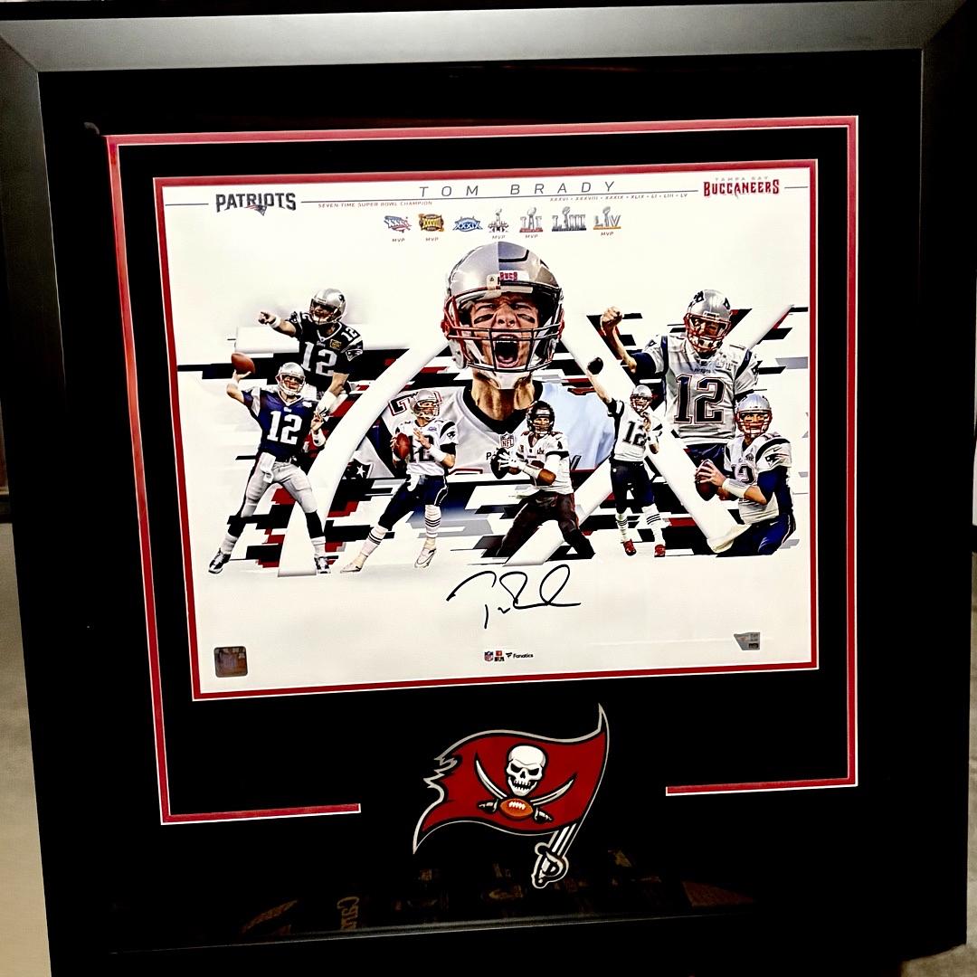 Tom Brady 31x30 framed signed 16x20 - 7x Super Bowl Champion Collage - Fanatics COA