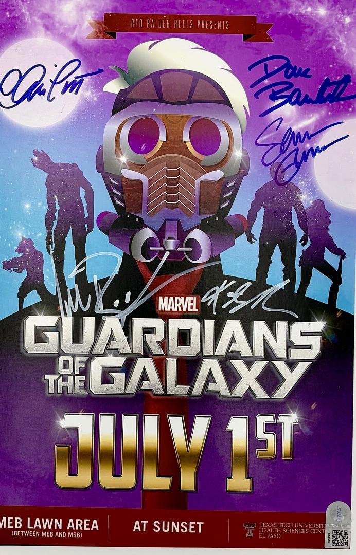 Chris Pratt David Bautista Karen Gillan Michael Rooker and Sean Gunn signed 9.5x14.5 print (GOTG) - SWAU COA