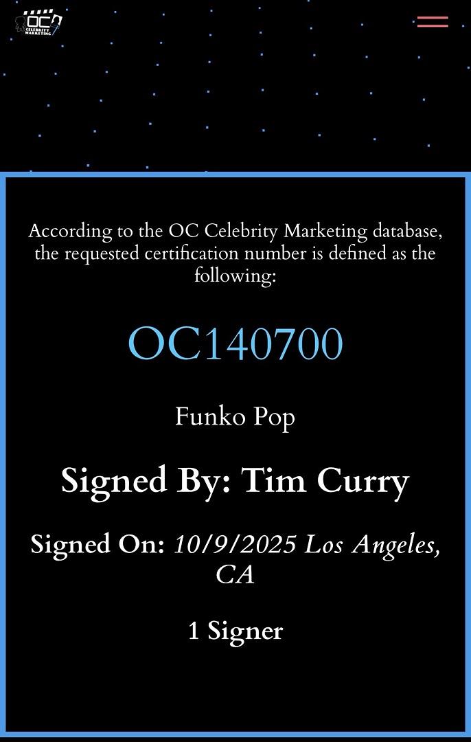 Tim Curry signed Funko #1912 "Frank-N-Furter" (Rocky Horror Picture Show) - OC Celebrity Marketing
