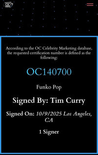 Tim Curry signed Funko #1912 "Frank-N-Furter" (Rocky Horror Picture Show) - OC Celebrity Marketing