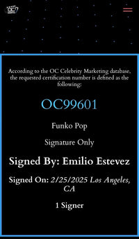 Emilio Estevez Signed Funko Pop #1656 "Andrew" (The Breakfast Club) - Beckett & OC Celebrity Marketing COA
